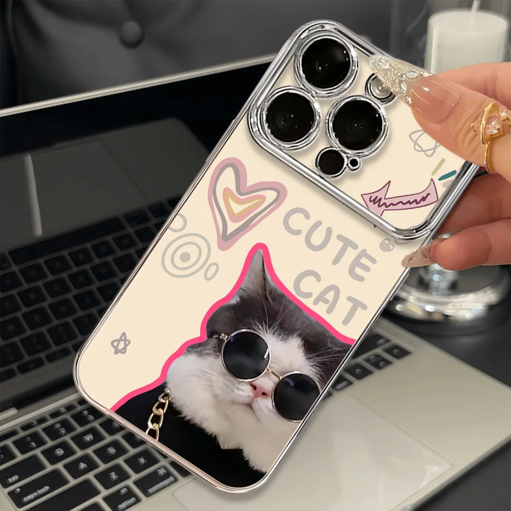 Cool cat with sunglasses For iPhone 15 14 13 12 11 Pro Max Plus Large Window Hard Shock Case