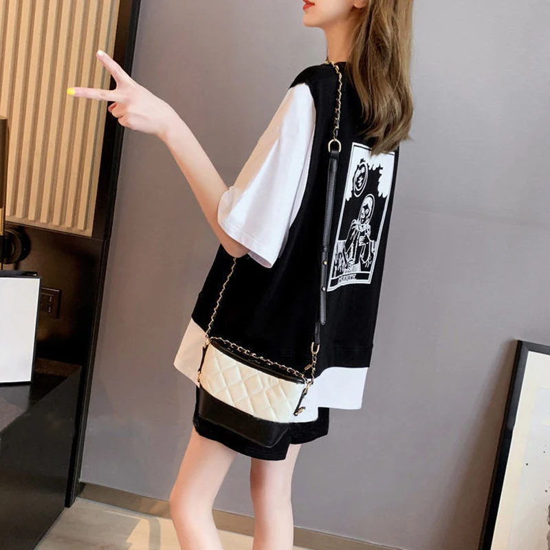 2 Piece Sets Women Summer Trendy Hole Cute Anime Print Patchwork Short Sleeve T-shirt Y2K Female Casual Sports Oversized Shorts