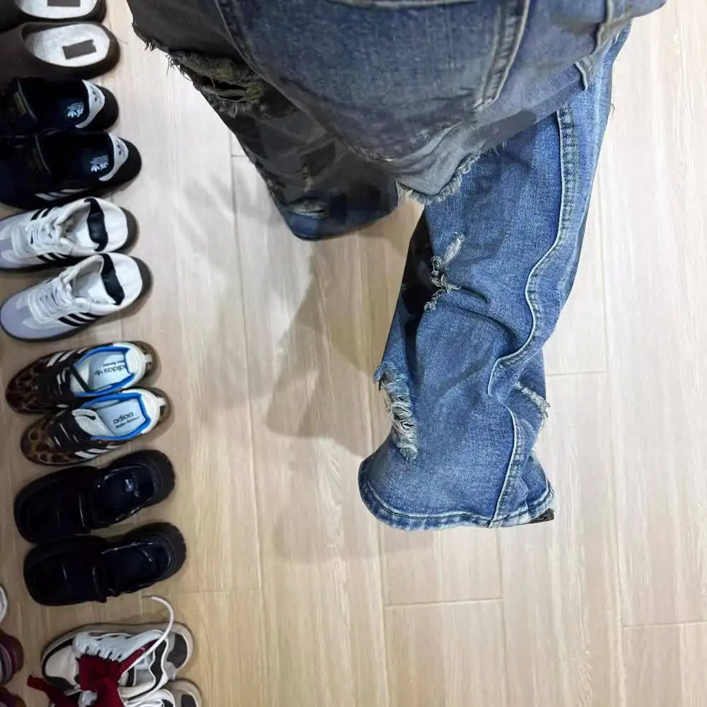 Amerikaanse zomer high street mannen en vrouwen trend rechte pijpen persoonlijkheid vernietiging jeans paar losse wijde pijpen casual broek