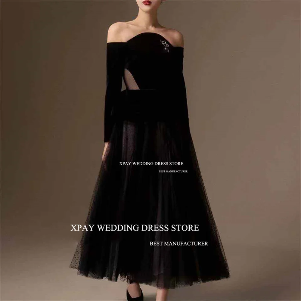 XPAY Black A Line Velvet Dotted Tulle Evening Party Dresses Off the Shoulder Long Sleeves Ankle Length Prom Gowns Event