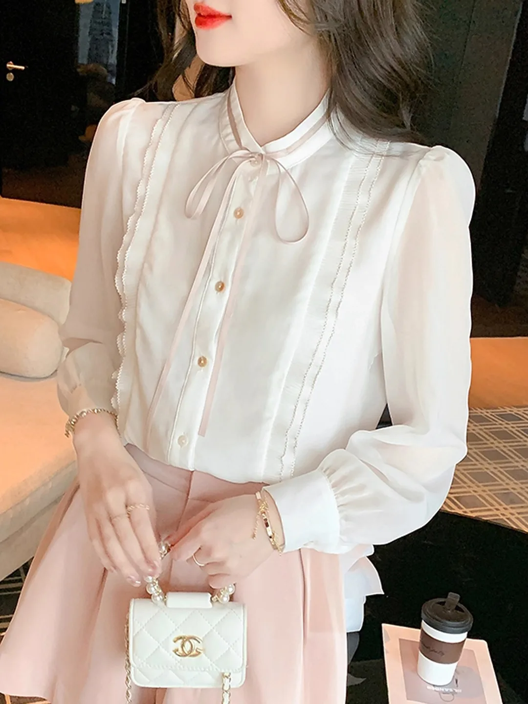 

Женская свободная шифоновая блузка с завязками на талии, осенняя модная облегающая блузка, универсальная блузка во французском стиле с длинными рукавами