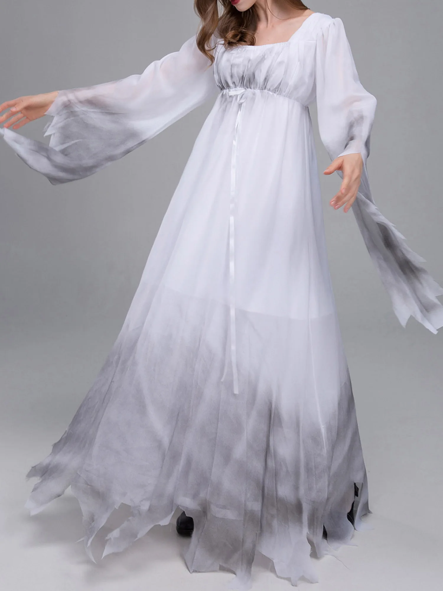 Women  Gothic Victorian Ghost Costume Gossamer White Fancy Dress Halloween Cosplay Haunter Party Outfit for Adults