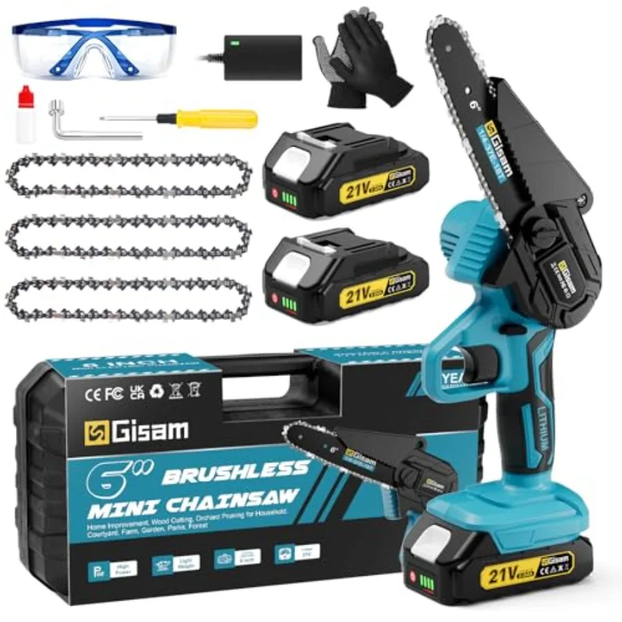 

Brushless Mini Chainsaw Cordless 6 Inch Electric Handheld Chain Saw with 2 Batteries and Auto Oiler Battery Powered Gardening T