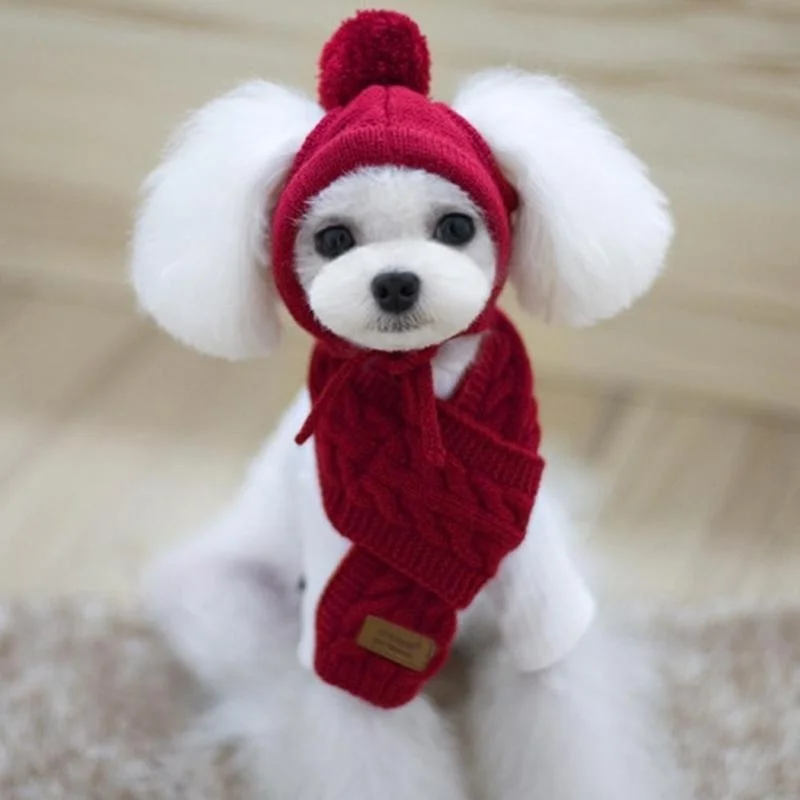 Dogs Hat Pet Winter Warm Stripes Knitted Hat+Scarf Collar Puppy Teddy Costume Christmas Clothes Santa Dog Costumes Accessories