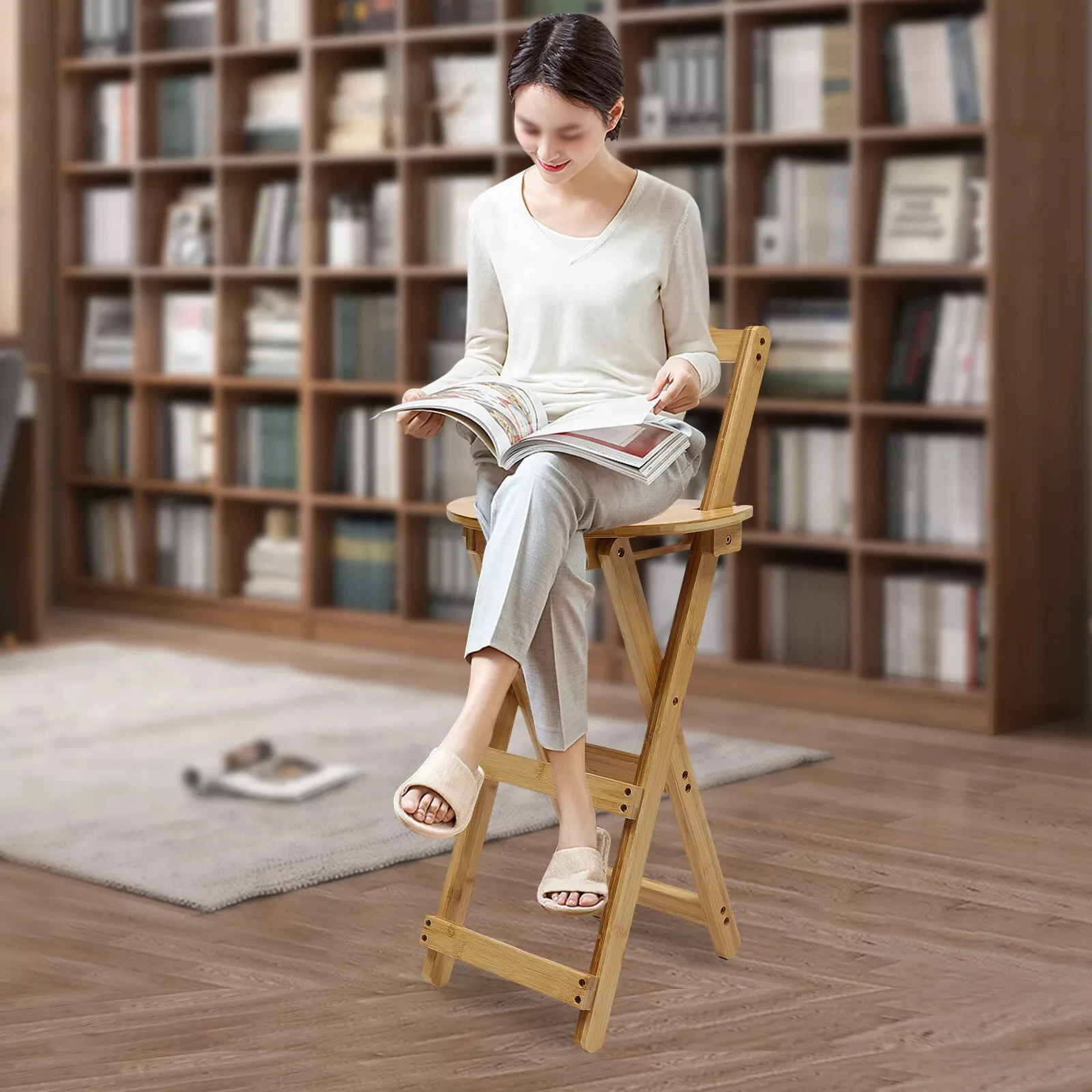 Portable Folding Bamboo Stool - Tall Bar Chair for Porch & Kitchen