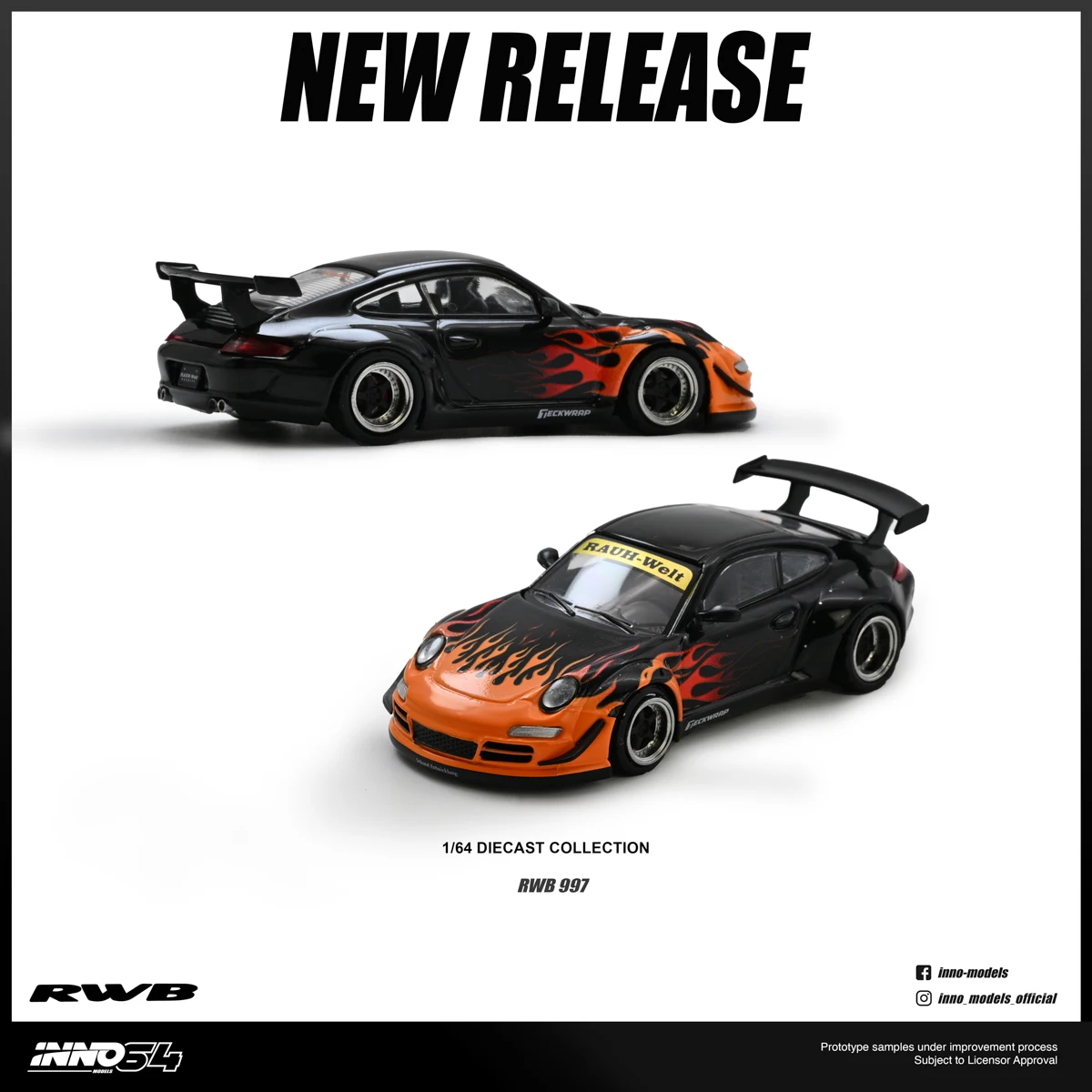予約注文-inno-1-64-rwb-997-オレンジ-バーニング-フレイム-ダイキャスト-モデルカー
