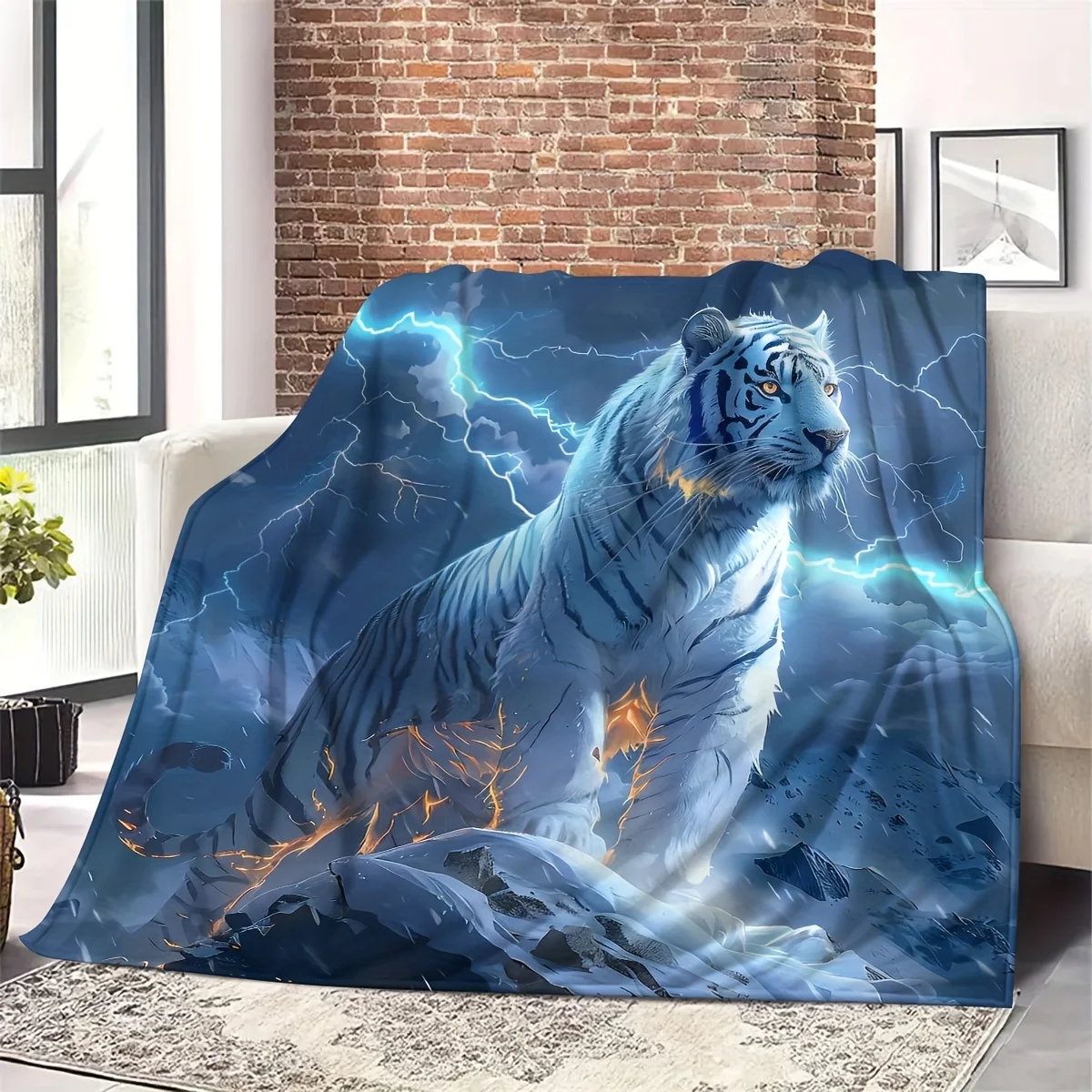 Lightning Tiger Digital Print Flannel Throw Blanket - Contemporary Style, Machine Washable, Versatile for Sofa,, Office, and Cam