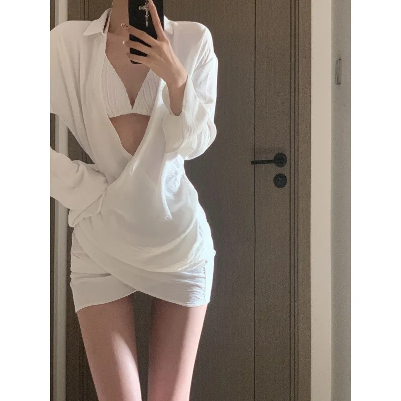 Ensemble de Bikini fendu esthétique pour femmes, chemise de plage à manches longues, Protection solaire UV, maillot de bain pour vacances à la plage, printemps chaud