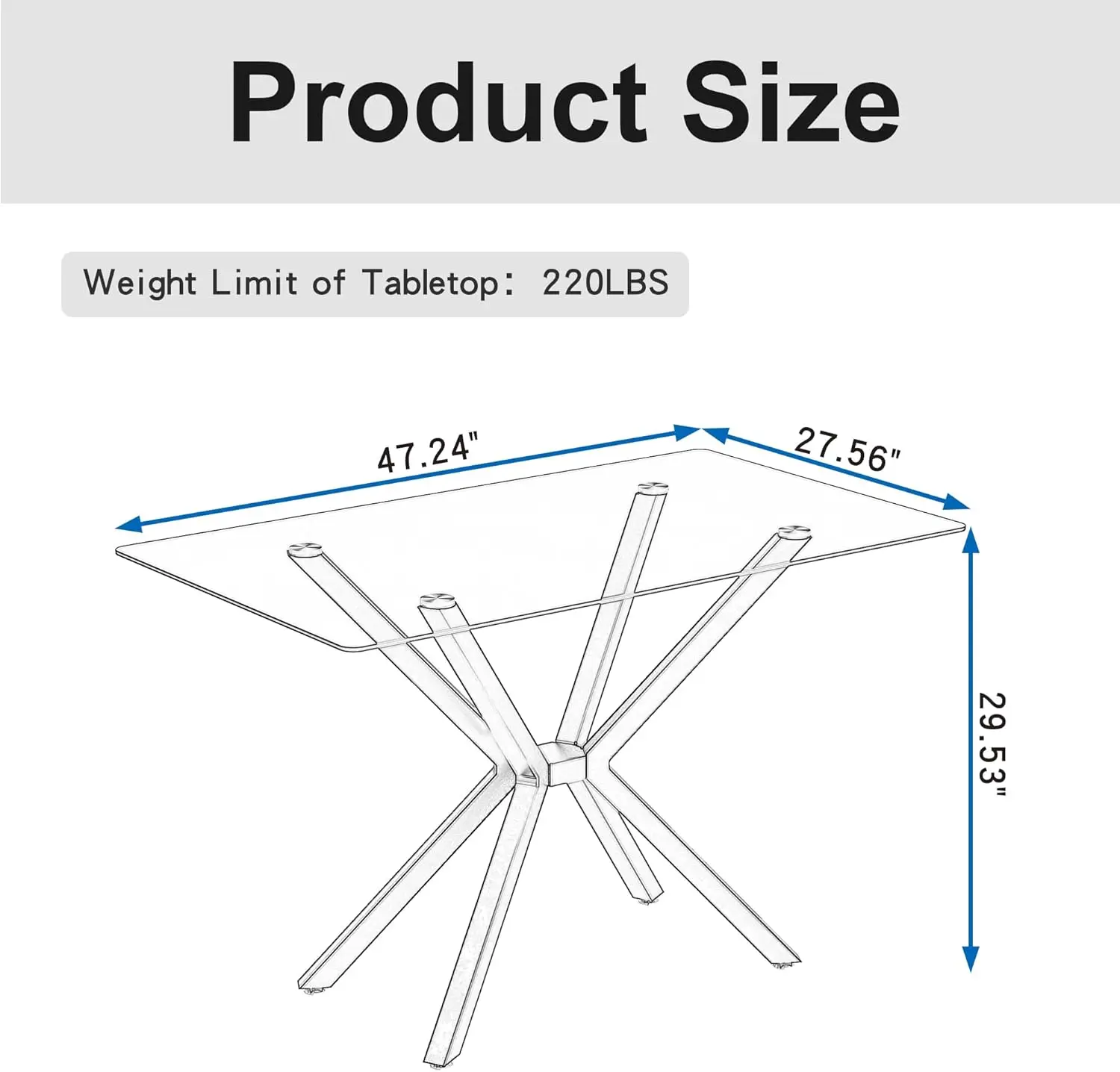 47.24"" Glass Dining Table For 4, Dining Room Table With Black Tempered Glass And Black Metal Legs, Modern Rectangular Kitchen