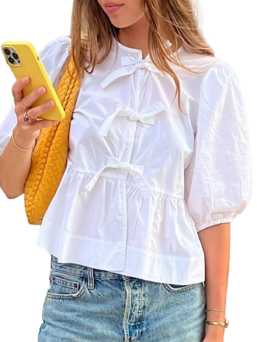 

Womne's Shirt 2024 New Summer Spring O-neck Lece-up Loose Sweet Short Puff Sleeve Blouse