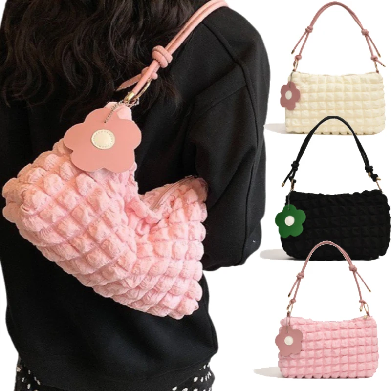 Korean Soft Cloud Bubbles Handbags for Woman Girls Flower Pleated Cloud Underarm Bag Pouch Bag Casual Shoulder Bag Cute Purse