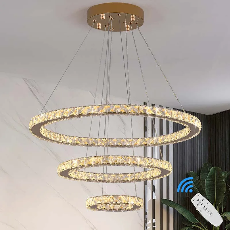 

Modern LED luxury crystal chandelier villa staircase living room dimming circular gold chandelier home lighting indoor light
