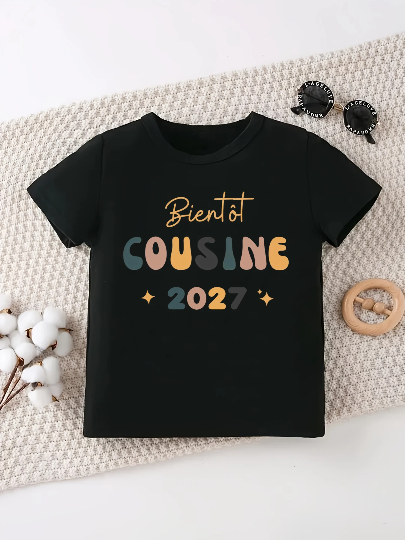 Футболка с принтом звезды Soon Cousin 2027 для девочек/мальчиков, забавная детская одежда, футболка с объявлением о беременности