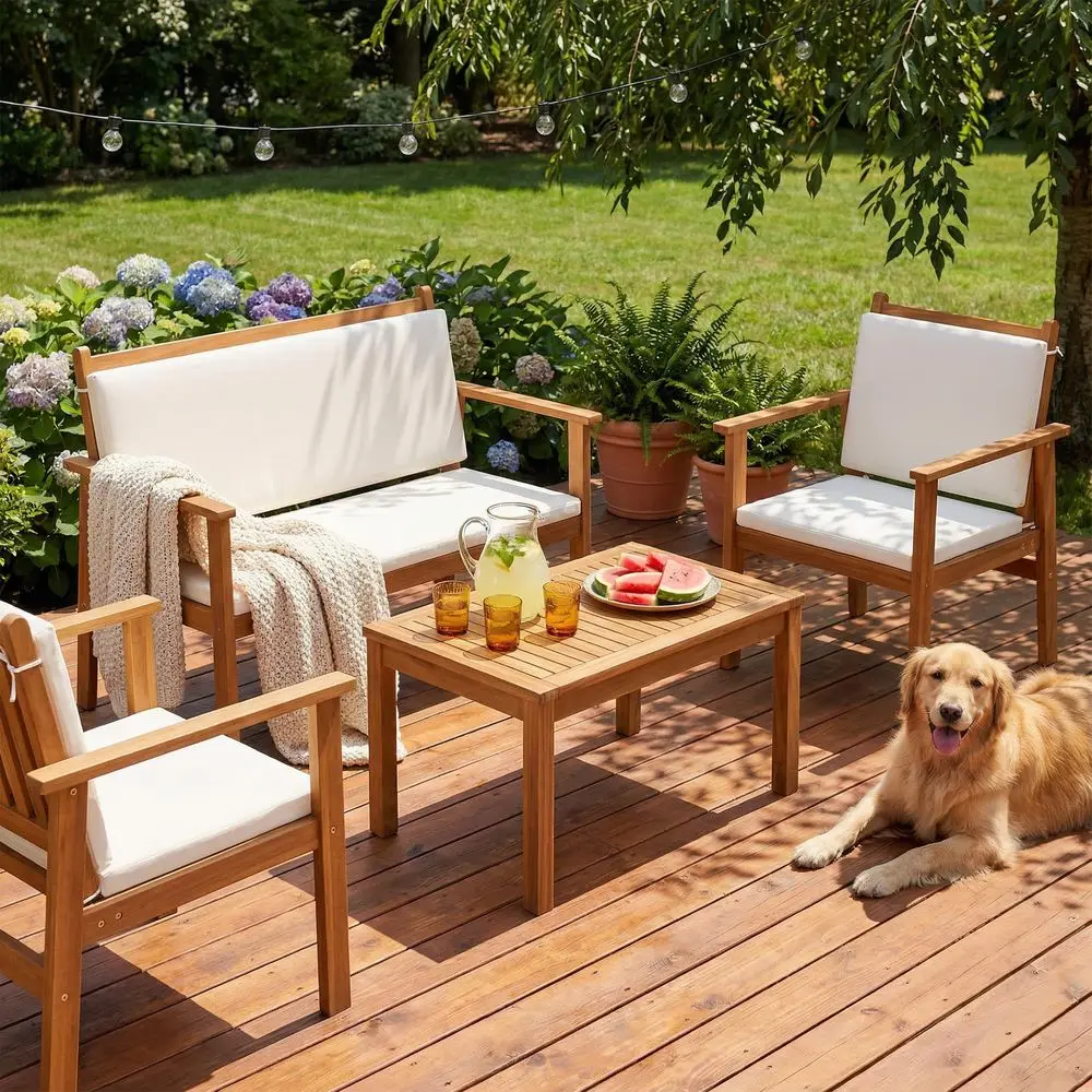 

Patio Furniture 4 Piece Acacia Wood Outdoor Conversation Sofa Set with Table amp Cushions Porch Chairs for Garden, Deck, Backya