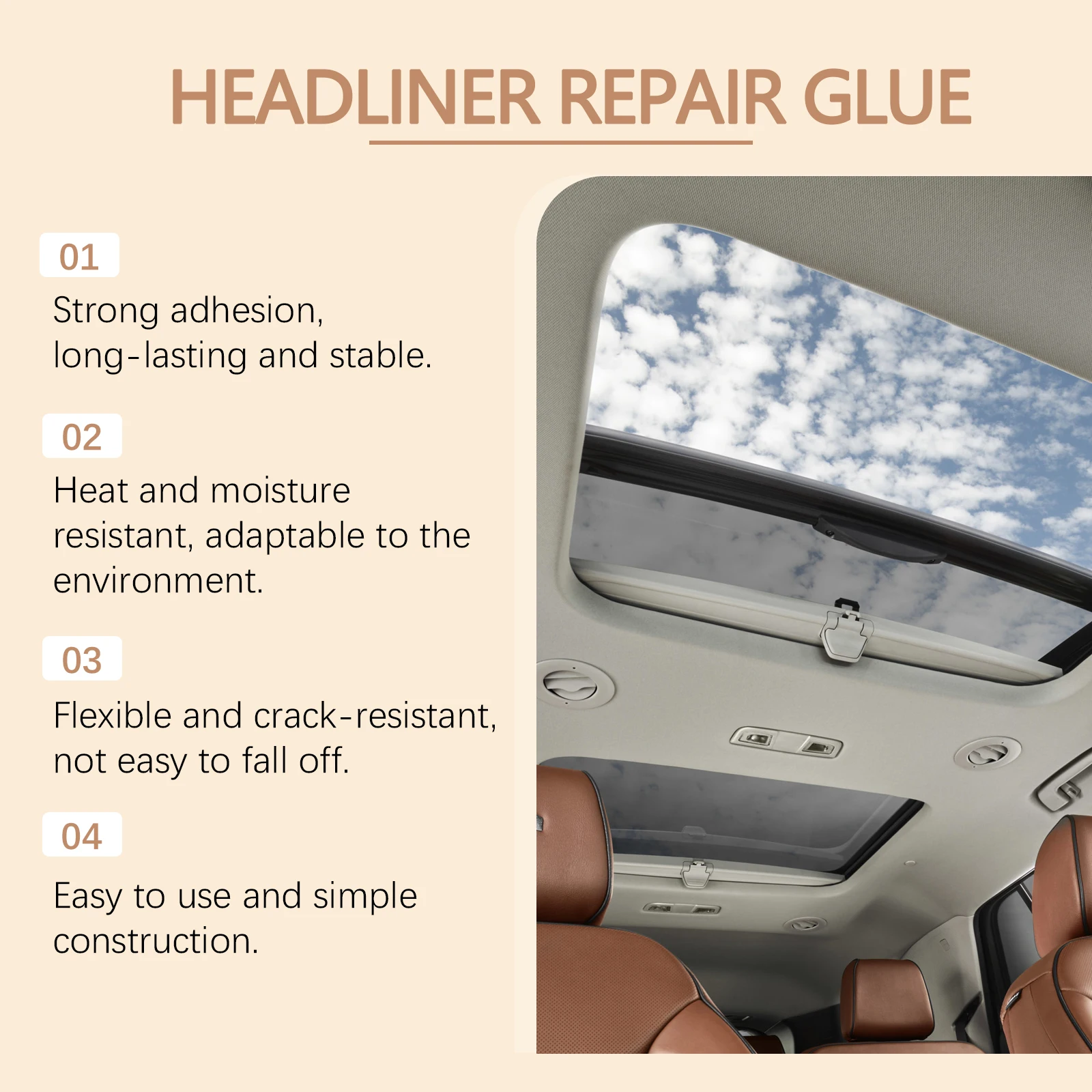 Auto-Dachverkleidung und Innenreparaturkleber, flexibler Kleber für Stoff, Vinyl, Leder, Reparatur, Fixiert durchhängende Dachhimmel, Nähte, Tränen – Detail 3