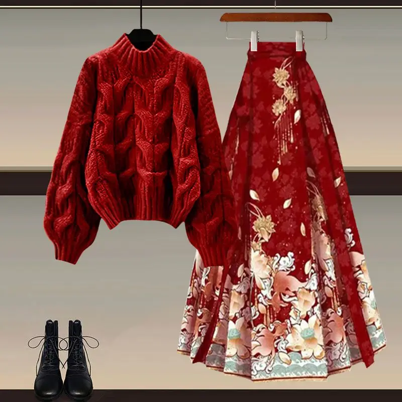 

New Chinese Sle Knitted Sweater Hanfu Skirt Two-Piece Set Slimming Autumn Winter Faionable Festival eetings Clothing