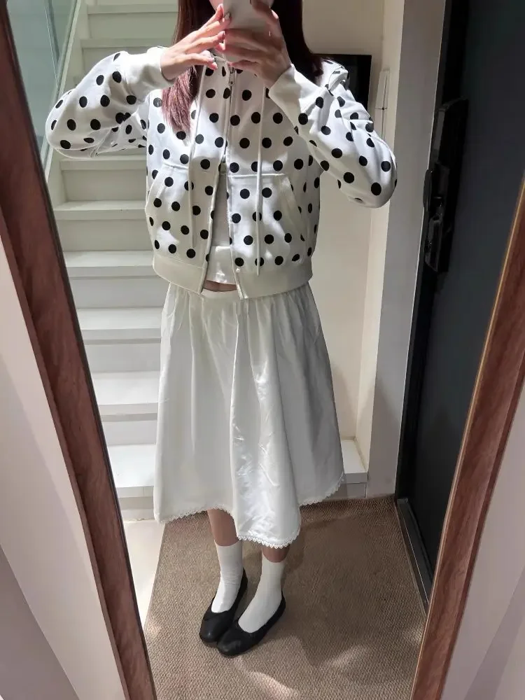 เสื้อฮู้ดลายจุดสไตล์เกาหลีสำหรับผู้หญิง ฤดูใบไม้ร่วง สไตล์ลำลอง ซิปสั้น มีฮู้ด สไตล์ Y2k สวยงามอเนกประสงค์