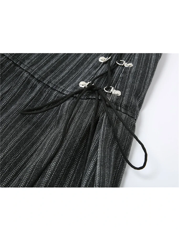 HOUZHOU Y2k Pleated Skirt Women Sexy High Waist Grey Stripe Bandage A Line Mini Skirts 2024 Summer Vintage Harajuku Streetwar