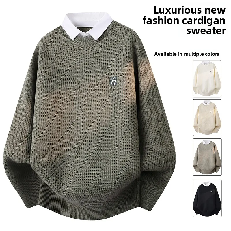 

Мужской повседневный вязаный свитер с воротником-стойкой, имитация двухслойности, зимний, модный, из полиэфирного волокна, теплый, утолщенный, с длинными рукавами