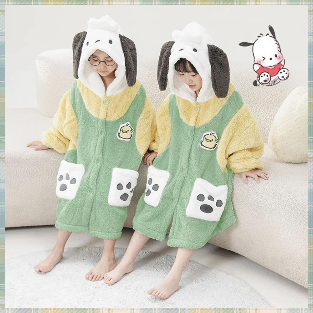 Kawaii Pochacco Children's Night-Robe Anime Sanrio Cinnamoroll Girls Boy Cartoon Coral Fleece Hooded Nightgown Pants Homewear