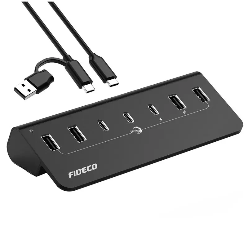 FIDECO USB Hub 7-Port 10Gbps USB 3.2 Gen 2 Splitter With Power Adapter, 4 USB-A & 3 USB-C Ports Support BC1.2 Charging