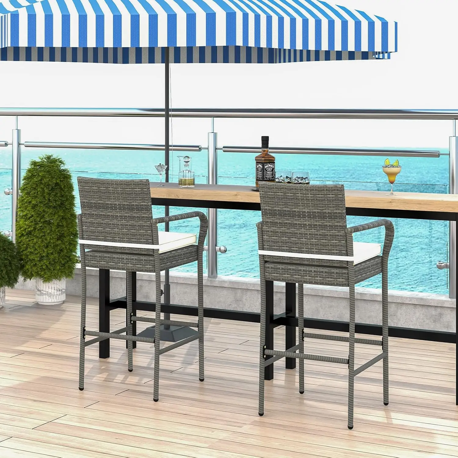 Rattan Bar Chairs Set of 2, Outdoor PE Rattan Bar Stools with Armrests & Seat Cushions, Patio PE Wicker Bar Chairs with 30 Inch