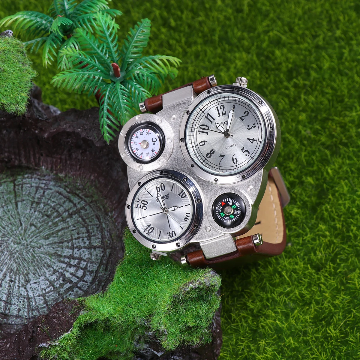 

Dual Time Display Thermometer Compass Quartz Watches for Men Precise Movements Adjustable Band Gift for Father Husband