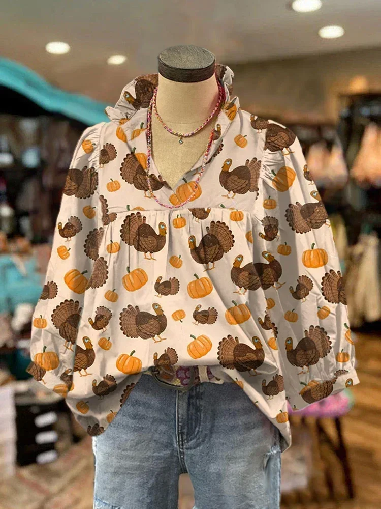 Turkey Pumpkin Print Shirt Women Thanksgiving Pleated Puff Sleeve Blouse Thankful Grateful Blessed Fall  Top