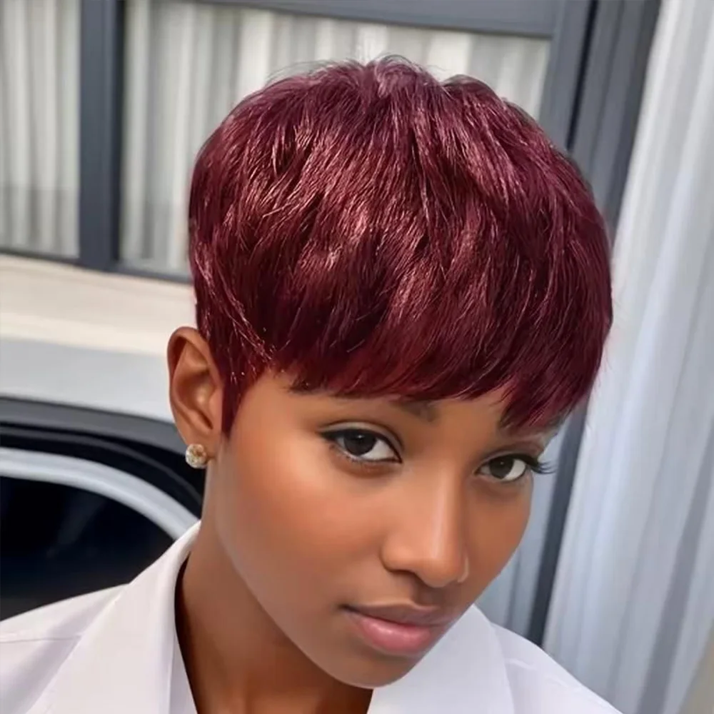 Krótkie peruki bob z ludzkich włosów z grzywką, peruka pixie cut, krótka czerwona peruka z ludzkich włosów 99j, w pełni wykonana maszynowo dla czarnoskórych kobiet.