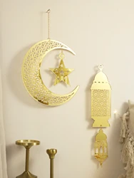 Gold Ramadan Acrylic Moon Hanging Ornaments with Hollow Mesh Star,Eid Mubarak Muslim Decor,Lanterns Wall Decor,Ramadan Kareem