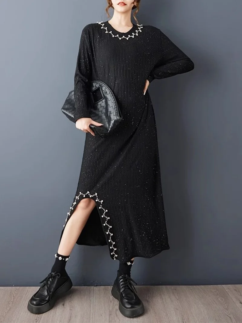 

Осень 2023, черное платье, сверхпрочное женское платье с разрезом и бисером, с длинным рукавом, модный дизайн, w1044