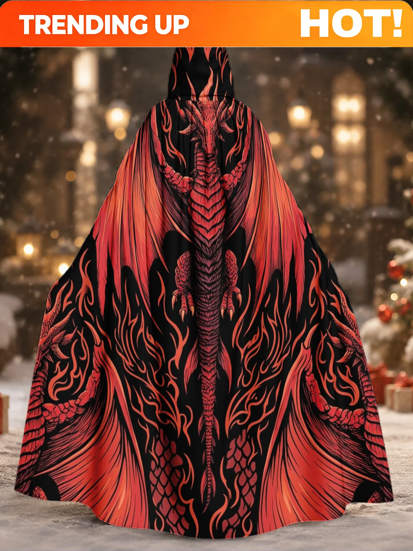 Customization [Dragon Hooded Cloak] Gothic Dragon Hooded Cloak Cape - 1pc Fiery Dragon Print Costume For Halloween