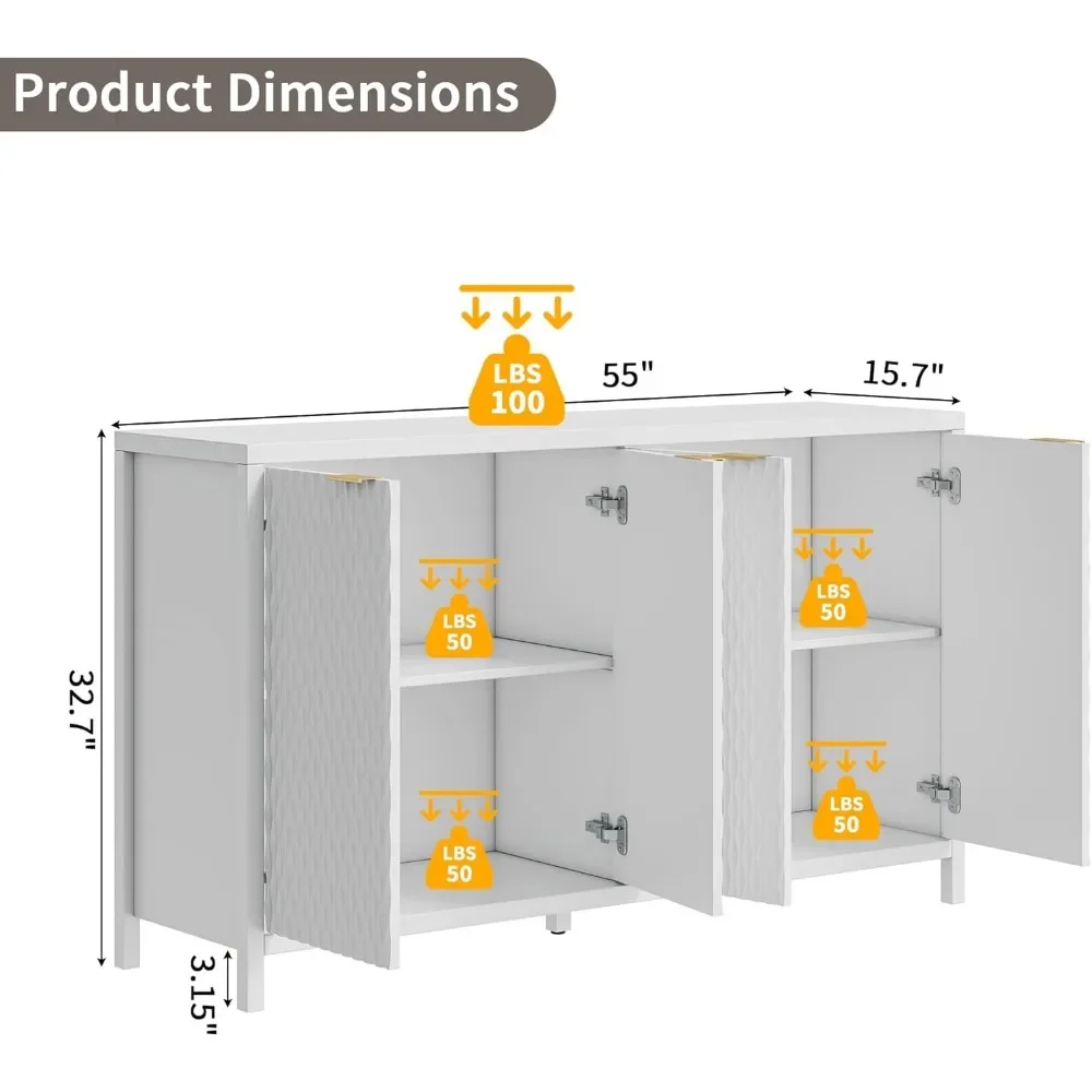 Stylish Living Room Cabinet: Trough Sideboard with Adjustable Shelves and 4 Doors for Ample Storage