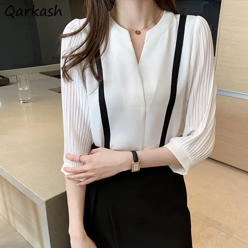 Women Blouses Folds Three Quarter Sleeve Office Lady Patchwork Cozy Chiffon V-neck Temperament All-match Tops Soft Shirt Female