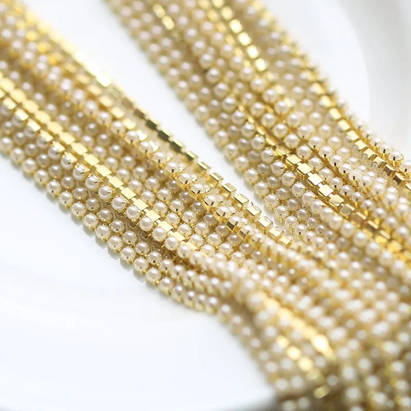 White Pearl Chain 10yards/roll Crystal Glass 2mm 3mm Golden Base Cup Rhinestone Apparel Sewing DIY Accessories