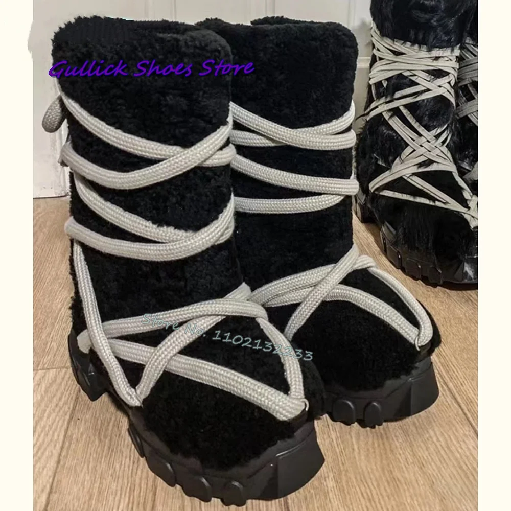 Women Black Plush Thick Sole Snow Boots Fur Cross Strap Man Winter Fashion Warm Dress Daily Black New Women Outwear Shoes