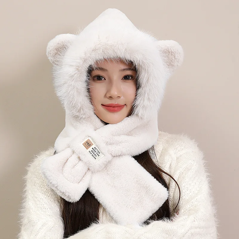 Cute Bear Plush Hat Scarf Integrated Female Winter Cycling Thickened Warm Ear Cap Cold Pullover Hat