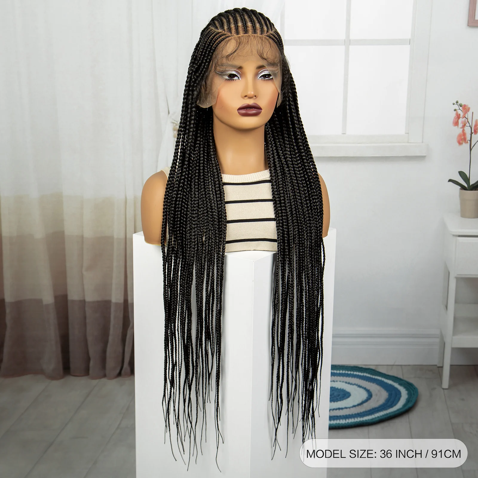 36 Inch Synthetic Cornrow Braided Wigs Straight Full Lace Braid Wigs Natural Boho Braids Lace Wig with Baby Hair for Black Women