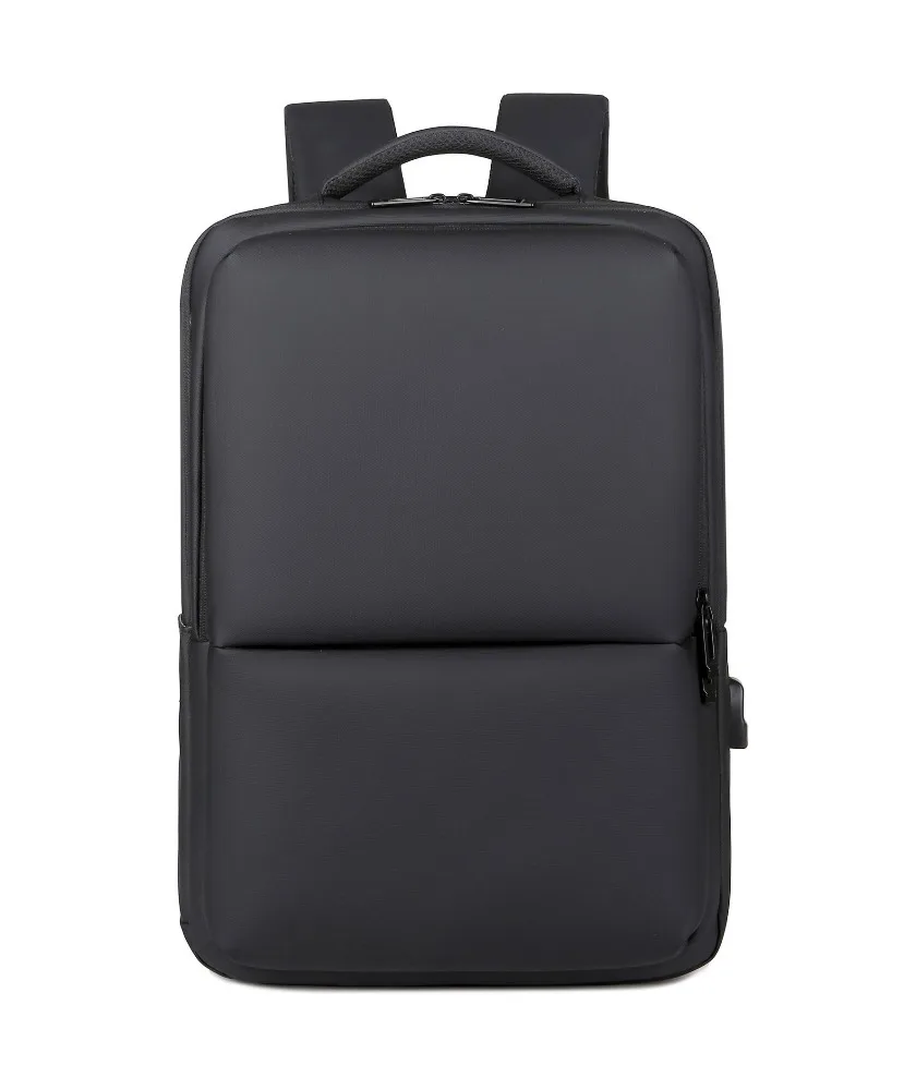 

Black minimalist business laptop backpack with USB charging port water resistant fabric multi compartment design suitable