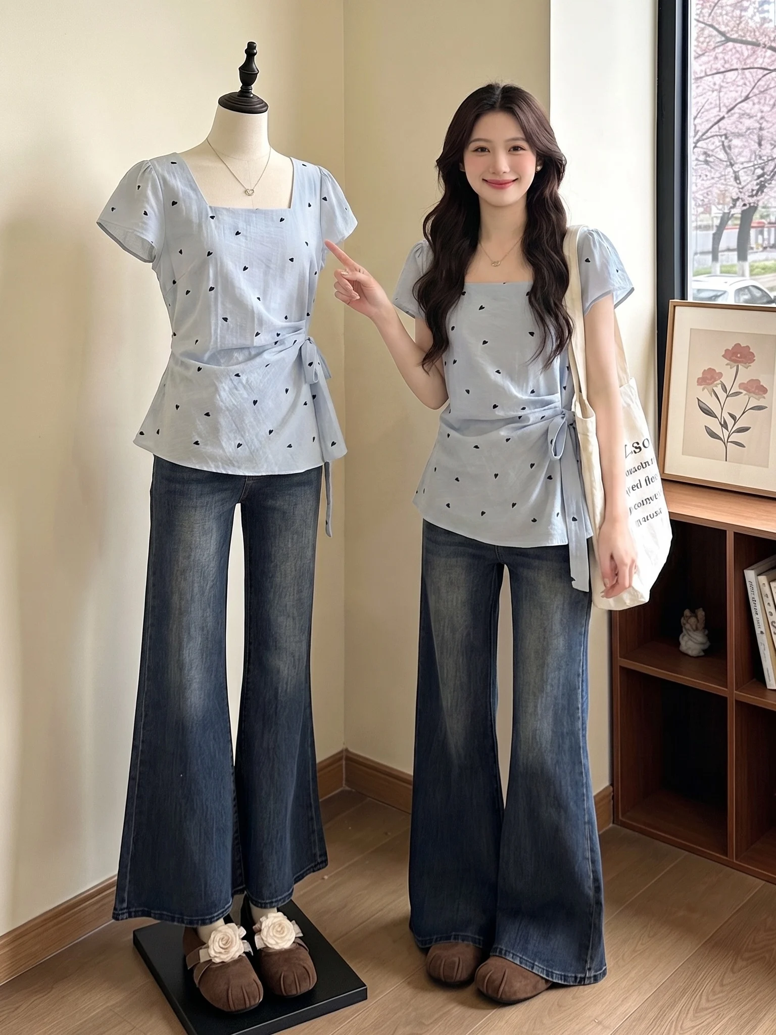 

Light Blue Square Collar Short Sleeve Shirt Women's Summer New Style Waist Cinching Shoulder Width Regular Korean Style Shirt