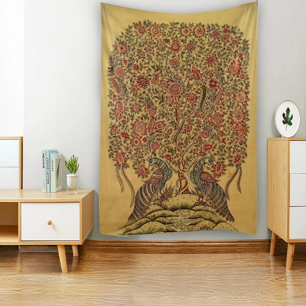 Life Tree tapestry, wall hanging plants, flowers and birds, wall art decoration, retro home studio decoration, background cloth