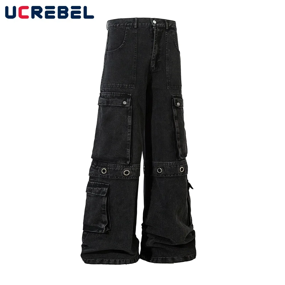 

Multi-Pocket Spliced Wide Leg Jeans Mens Washed Distressed Loose Baggy Denim Pants Men Trousers