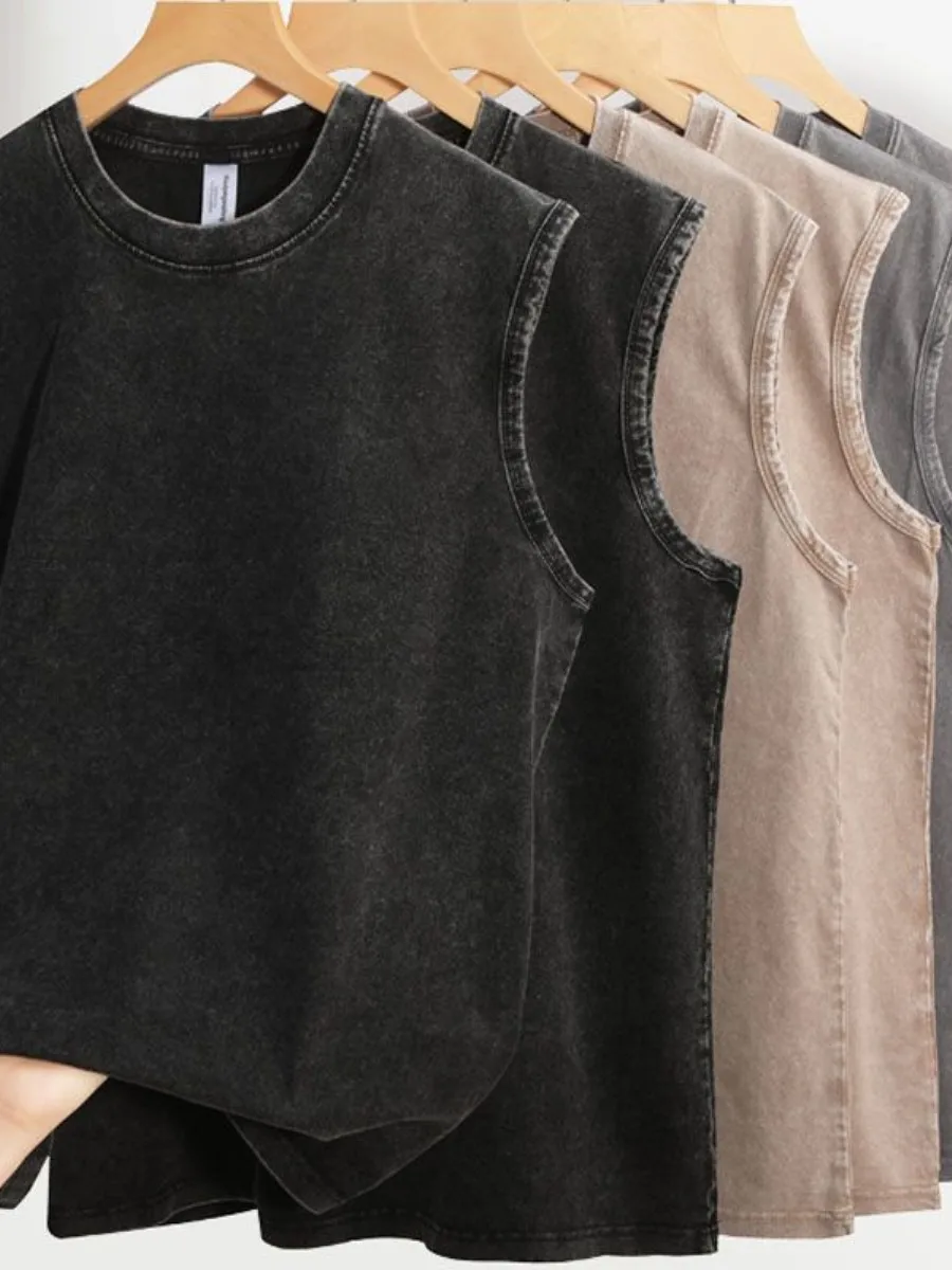 retro-american-washed-men's-sleeveless-tank-top-loose-trendy-summer-clothing-two-piece-set-vintage-style-unisex-tank-vest