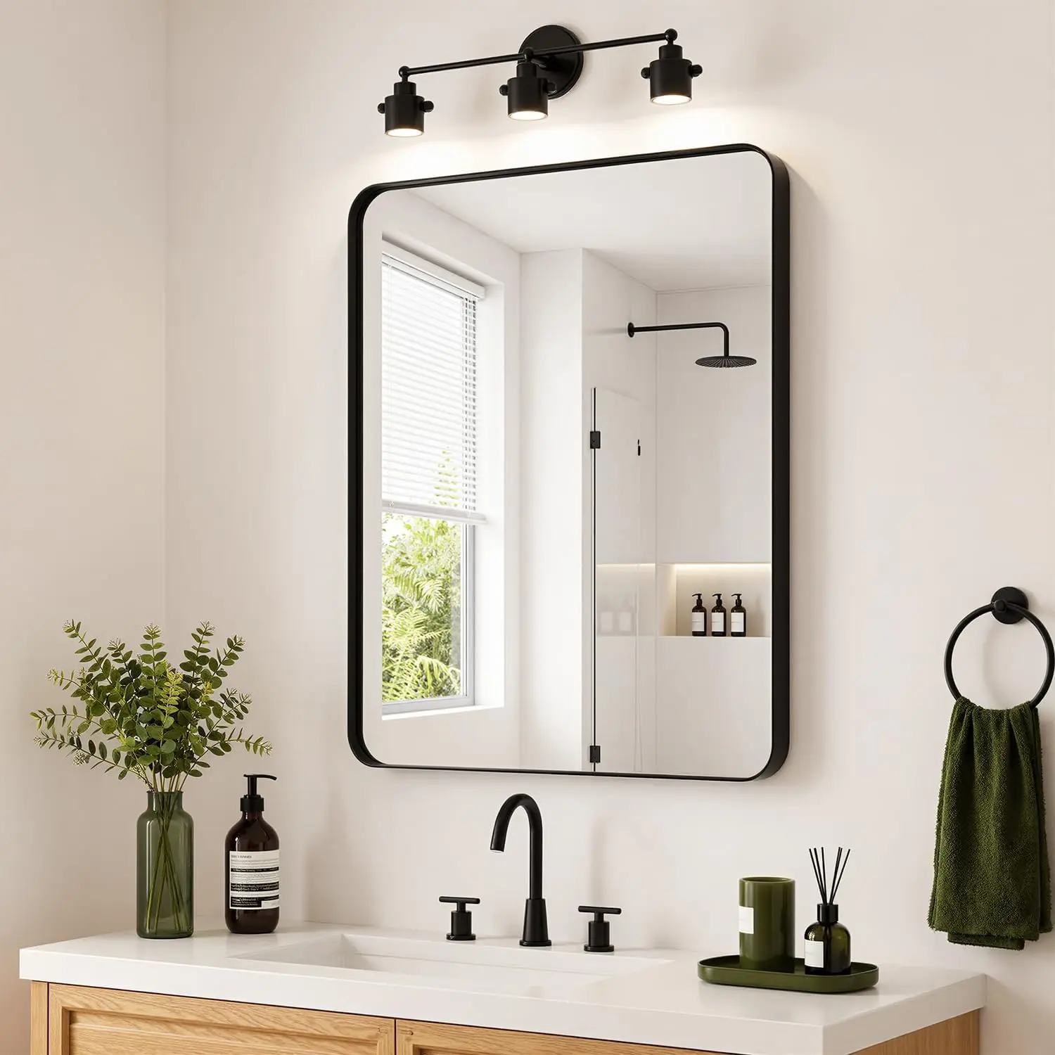 30x36 Inch Black Bathroom Mirror Over Sink Wall Mirror Matte Rectangle Metal Deep Framed Shatterproof Tempered Glass Hang Vertic