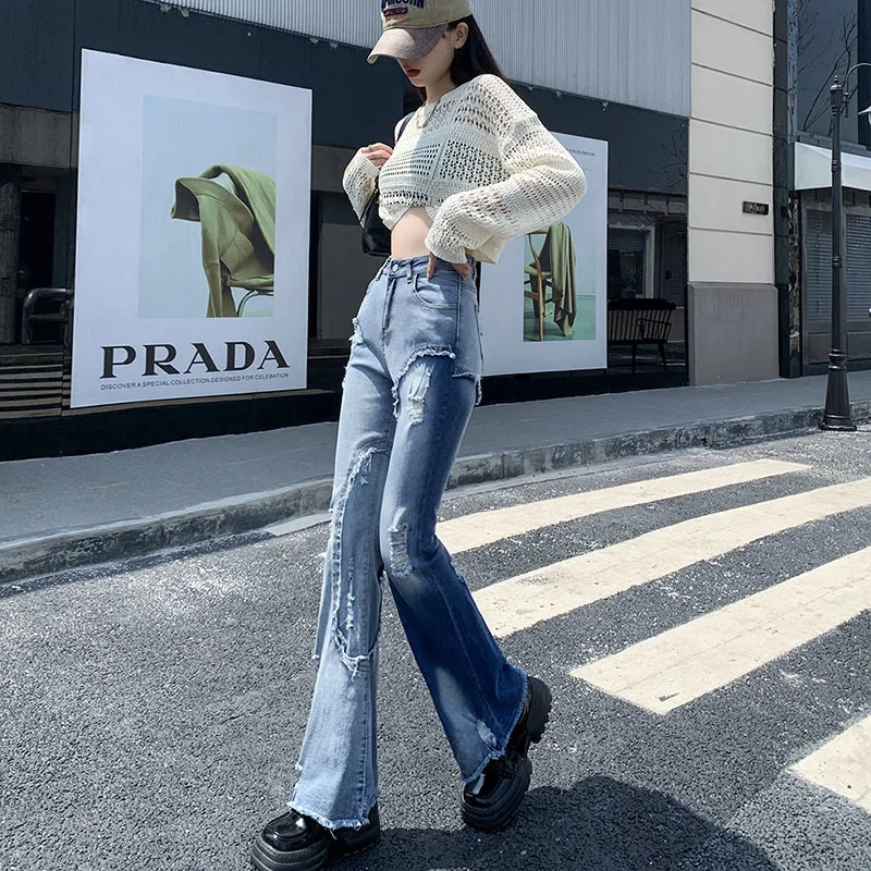 

Retro Perforated Large Flare Jeans for Women Autumn New Fashion High Waist Jeans Slim Floor Ragged Edge Wide Leg Pants Women