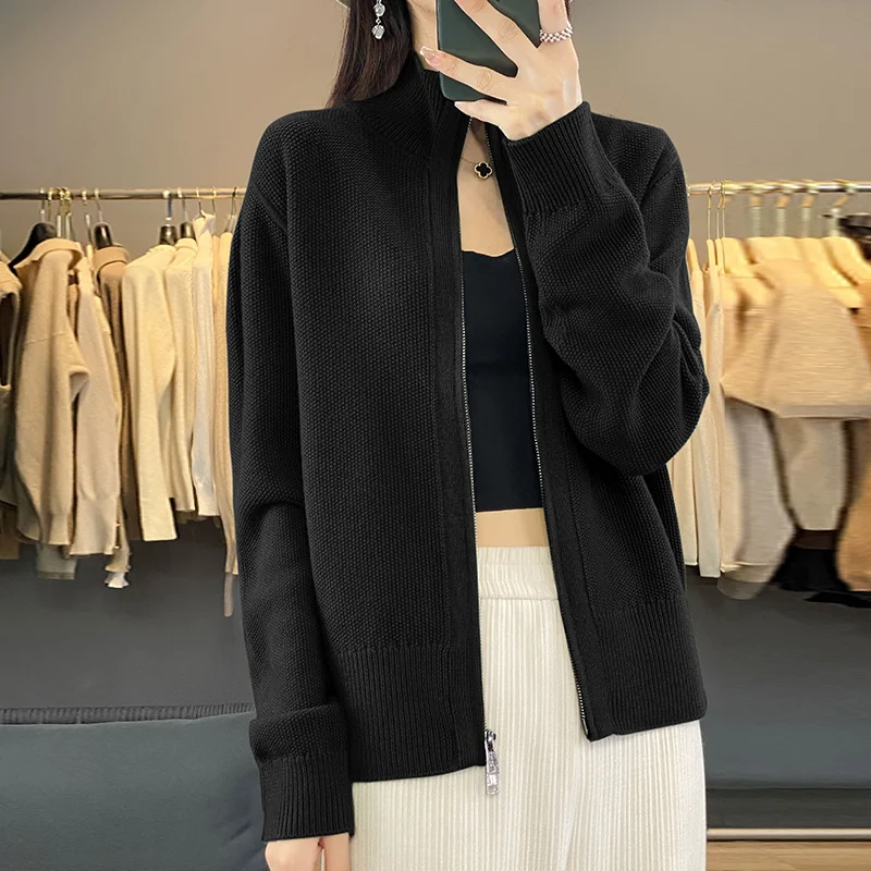 Wool Cardigan Sweater Women Autumn Winter Turtleneck Long Sleeve Top Basic New In Outerwears Female Knit Zipper Designer Clothe