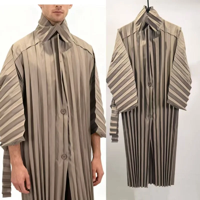 Miyake Pleated Men's Trench Plisse Coat Solid Color Oversized Casual Long Coat 2025 Fall New Fold Versatile Statement Top