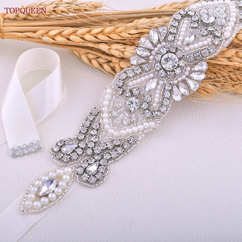 TOPQUEEN-cinturón con cuentas de diamantes de imitación S208 para novia, accesorios de boda, cinturones de vestir para mujer, cinturón champán para vestido de mujer, cinturón blanco