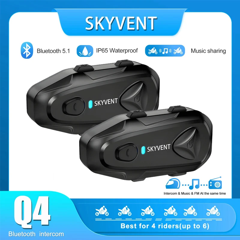 1/2Pcs SKYVENT Q4 Motorcycle Helmet Intercom Headset Music Sharing Bluetooth 5.1 For 4-6 Riders 1500M Talking Interphone FM IP65