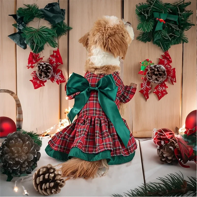 Christmas Dog Clothes Classic Checkered Long Skirt Bow Christmas Party Dress Up Pet Clothing Dog Dresses for Small Dogs